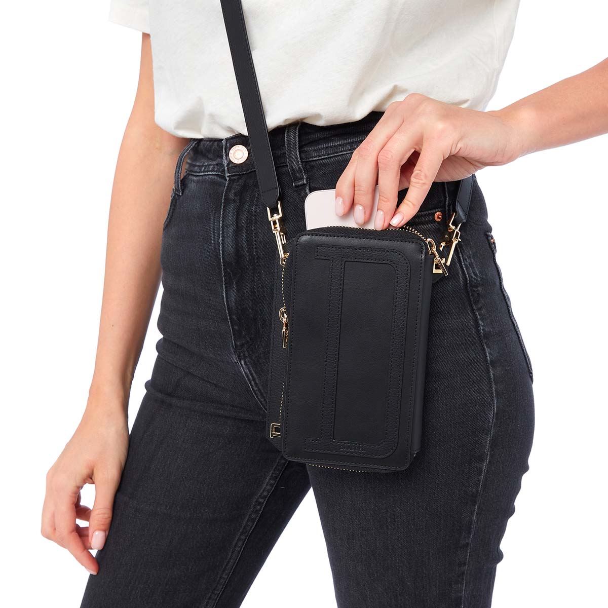 Pochette porte-téléphone - 100% cuir - Noir - Sangle réglable