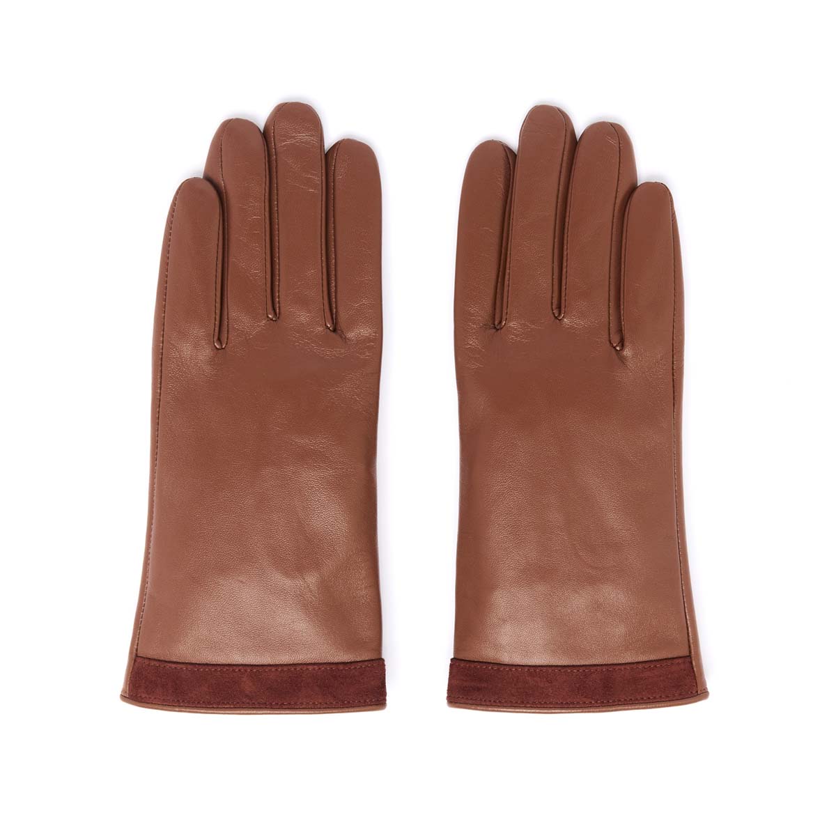 Gants Bi-Matière en Cuir d’Agneau - Cognac