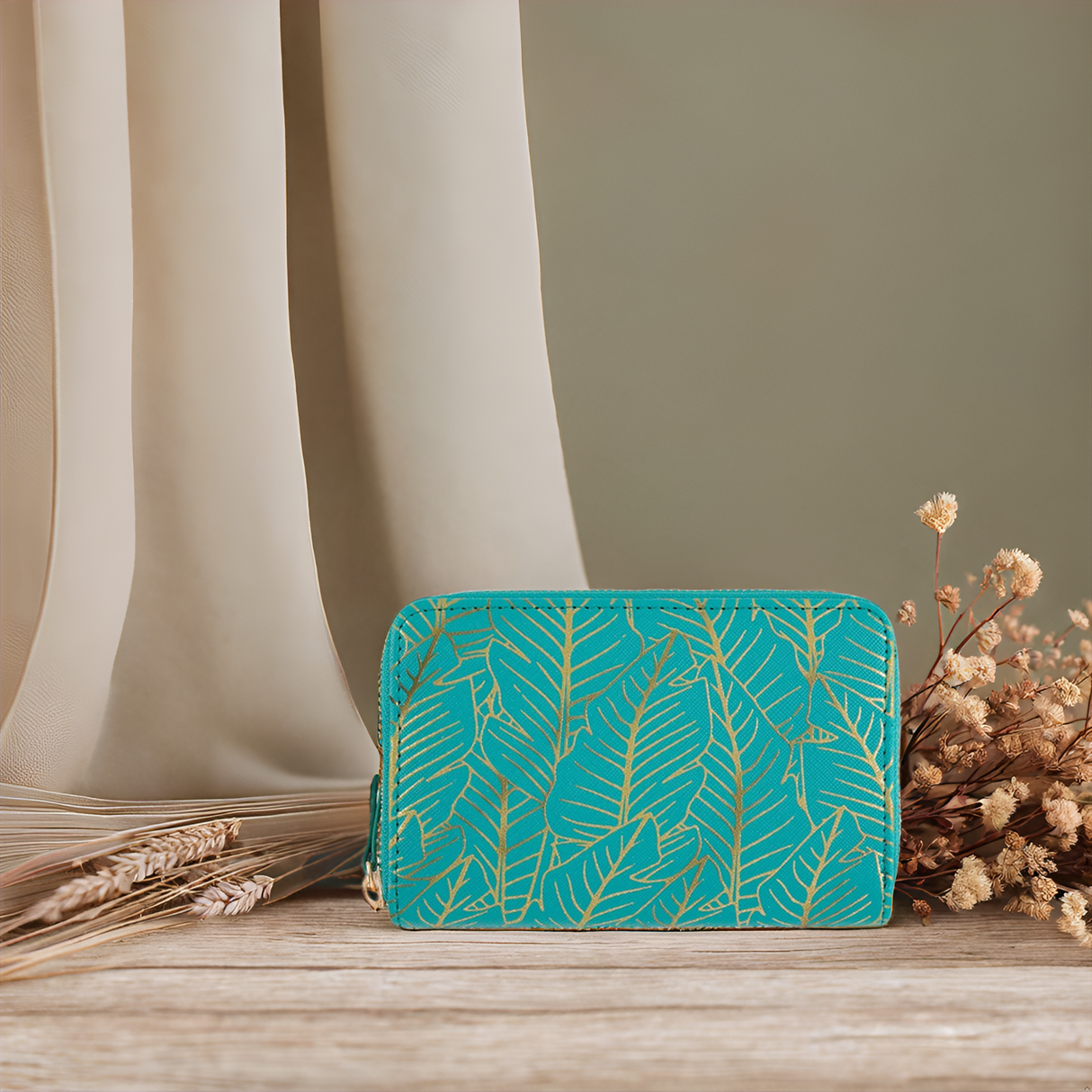 Women's wallet - golden leaves - turquoise