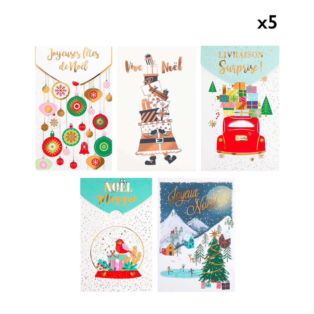 Lot de 5 carte de vœux colorés Noel