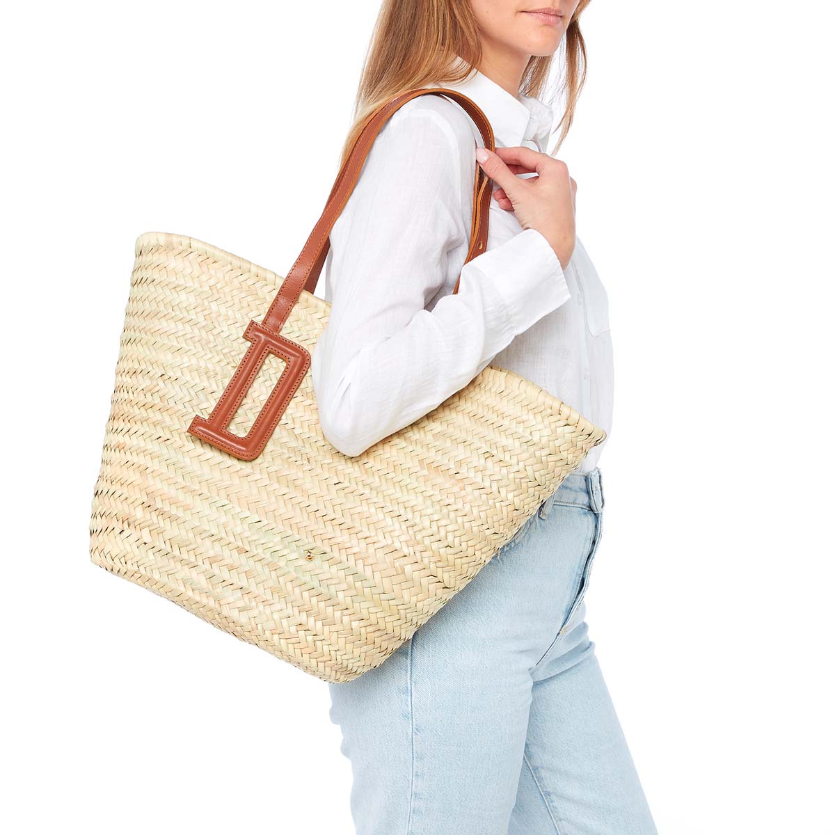 Sac panier en paille large - camel