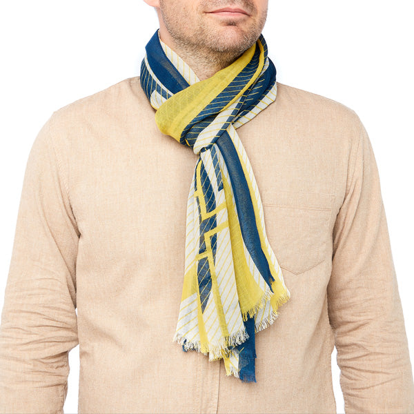 Foulard homme jaune et bleu - motif art déco