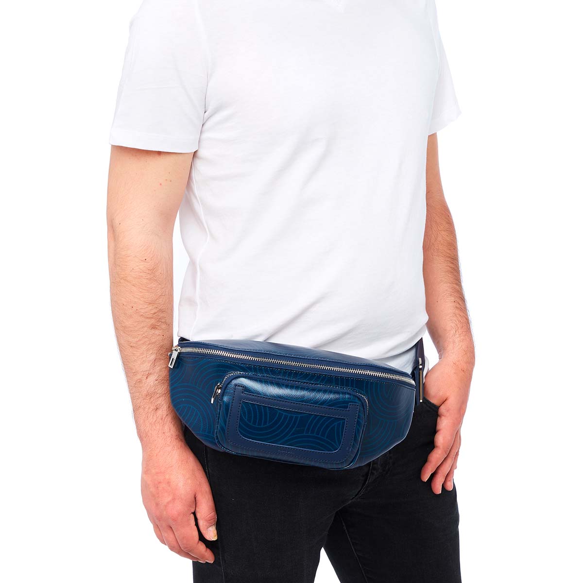 Tokyo men s leather fanny pack blue Draeger Paris