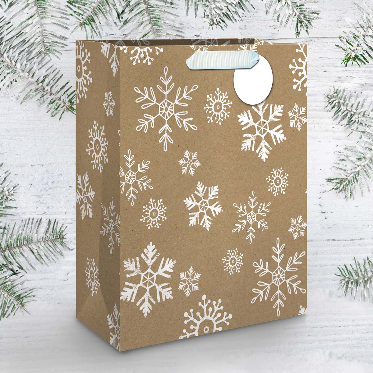 Sac cadeau grand format Flocons blancs sur fond gr