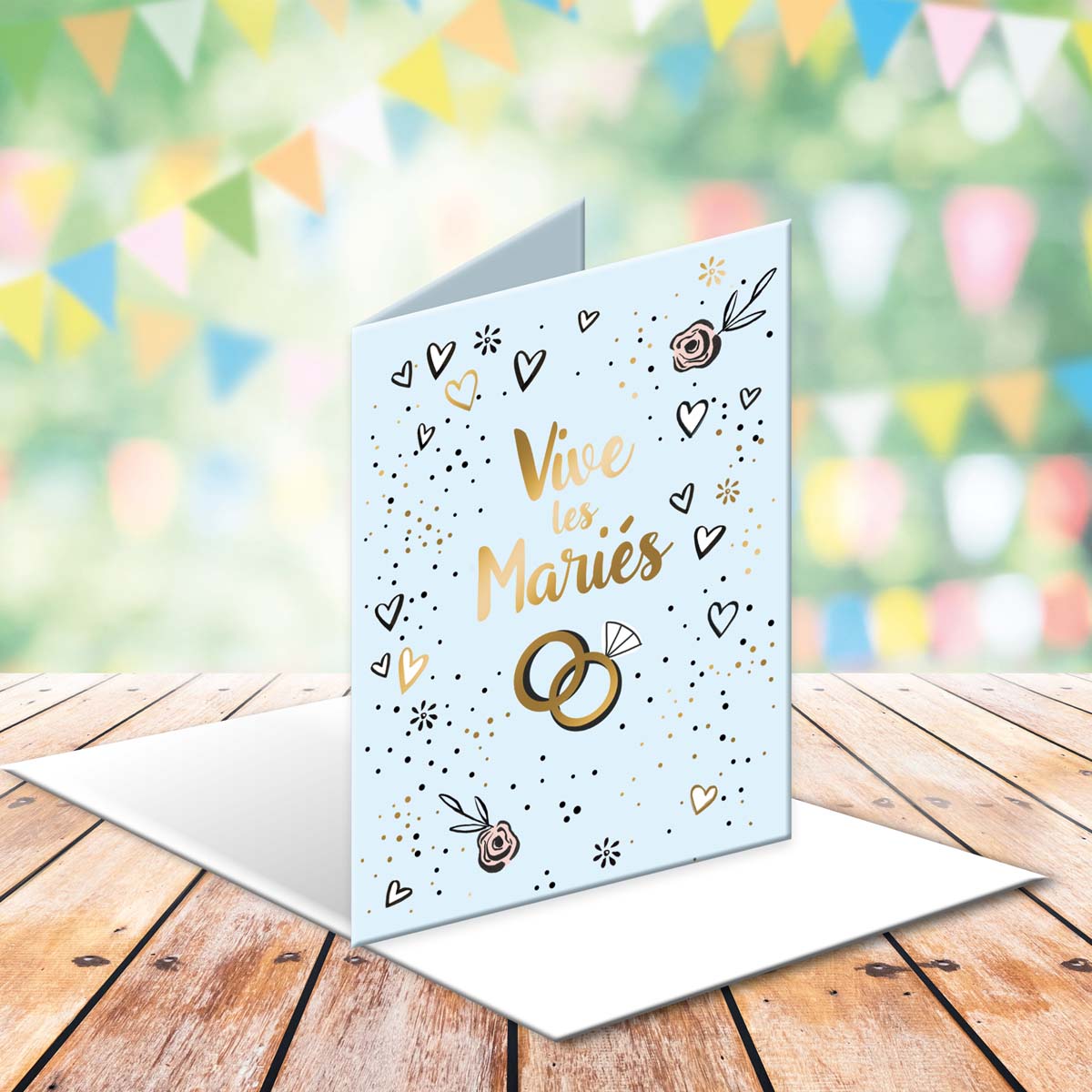 Carte mariage Vive les mariés lettres dorées