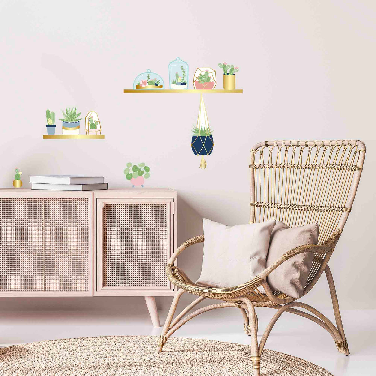 Wall sticker Golden shelves and small plants